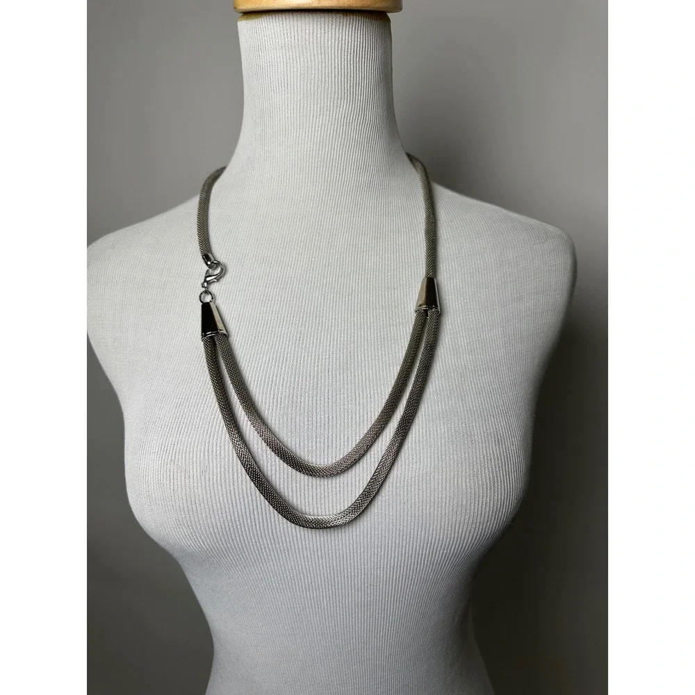 Vintage 80s Gunmetal Mesh Belt Necklace Double Strand Metallic Gray 1980s